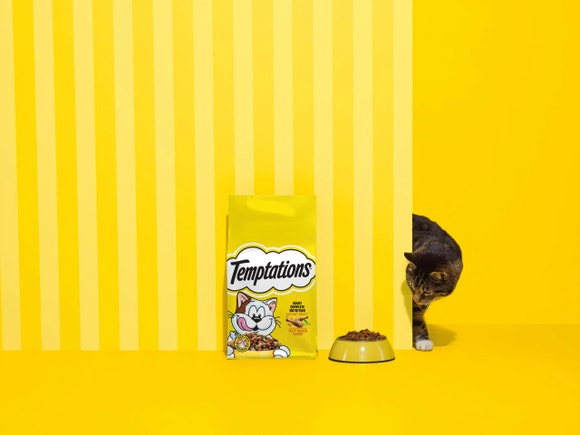 Cat approaching bowl beside TEMPTATIONS™ cat food