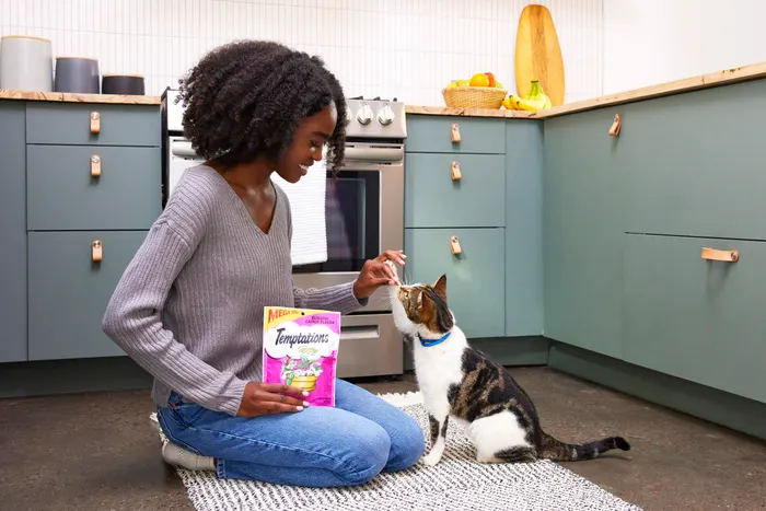 Woman rewarding cat with TEMPTATIONS™ treats